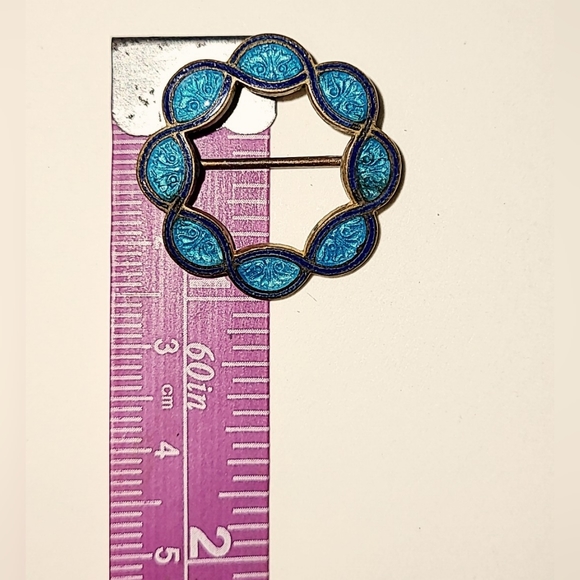 ANTIQUE GUILLOCHE ENAMEL BROOCH TURQUOISE & NAVY BLUE on BRASS - Picture 6 of 9